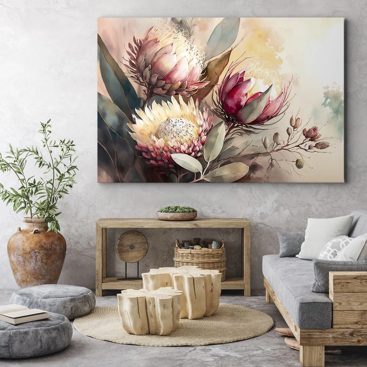 Lærredstryk - Billede på lærred - Proteablomster i sarte pastelfarver - 70x50cm - I profil og en face - Moderne vægdekoration til stue og soveværelse ARTTOR