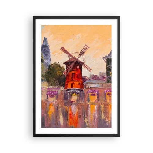 Plakat i sort ramme - En malerisk fortolkning af den berømte vindmølle med byen som baggrund - 50x70cm - Parisiske ikoner - Moulin Rouge - Moderne vægdekoration til stue og soveværelse ARTTOR