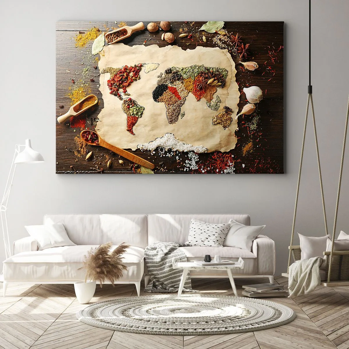 Lærredstryk - Billede på lærred - Et verdenskort lavet af krydderier på en træbaggrund. - 70x50cm - Alle verdens smage - Moderne vægdekoration til stue og soveværelse ARTTOR