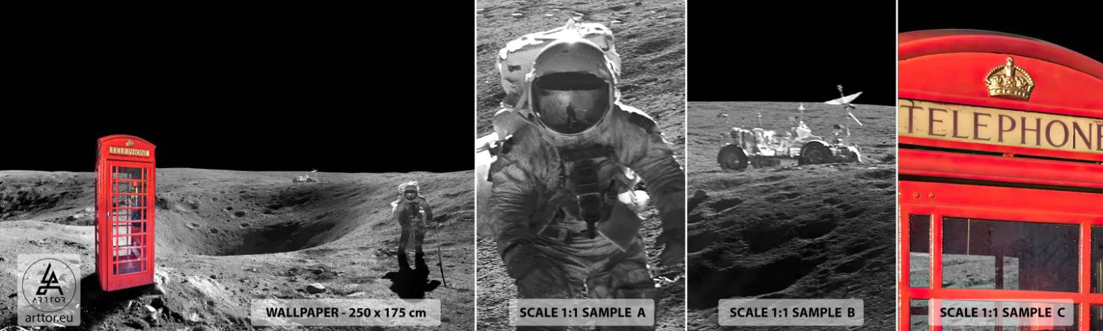 Fototapet Prøve Standard Eco - Kosmisk vittighed - Abstraktion, Måne, Astronaut - 100x30 cm