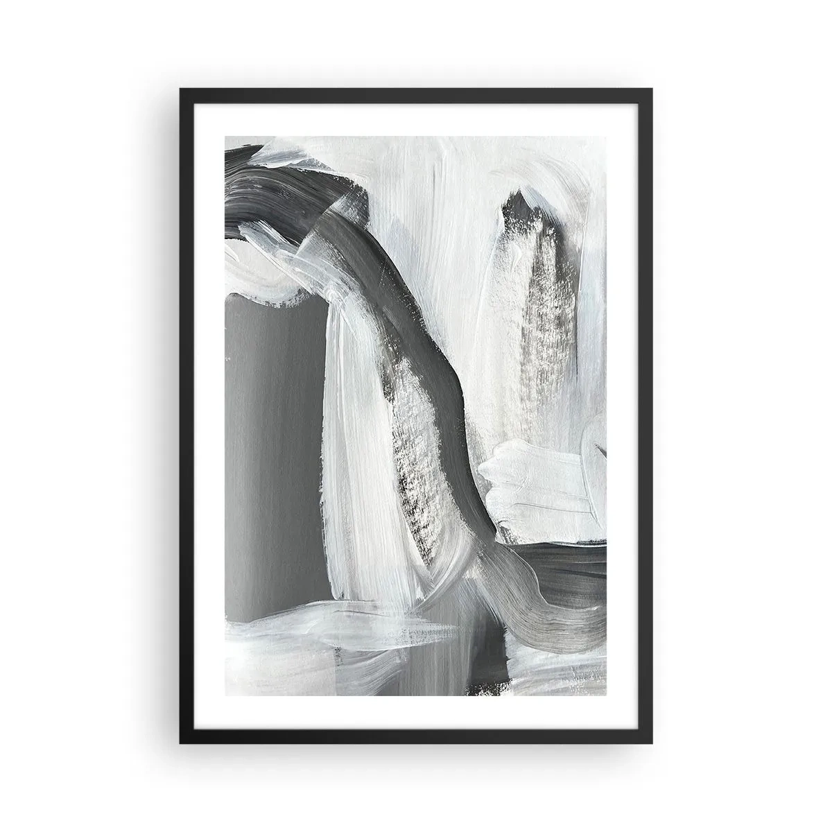 Plakat i sort ramme - Abstrakt komposition af sort, hvid og grå - 50x70cm - Med beslutsom bevægelse - Moderne vægdekoration til stue og soveværelse ARTTOR