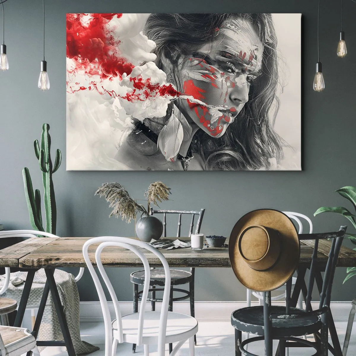 Lærredstryk - Billede på lærred - Kunstnerisk portræt af en kvinde med abstrakte røde accenter - 70x50cm - I det absurdes damp - Moderne vægdekoration til stue og soveværelse ARTTOR