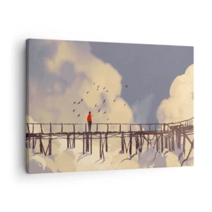 Lærredstryk - Billede på lærred - En figur på en bro blandt skyer med fugle på himlen - 70x50cm - Blå længsel - Moderne vægdekoration til stue og soveværelse ARTTOR