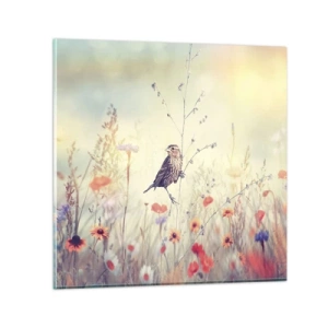 Billede på glas - Fugleportræt med en eng i baggrunden - 60x60 cm