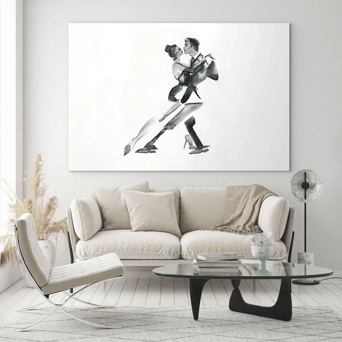 Billede på glas - Et par, der danser tango i sort-hvid akvarel - 70x50cm - I én rytme - Moderne vægdekoration til stue og soveværelse ARTTOR