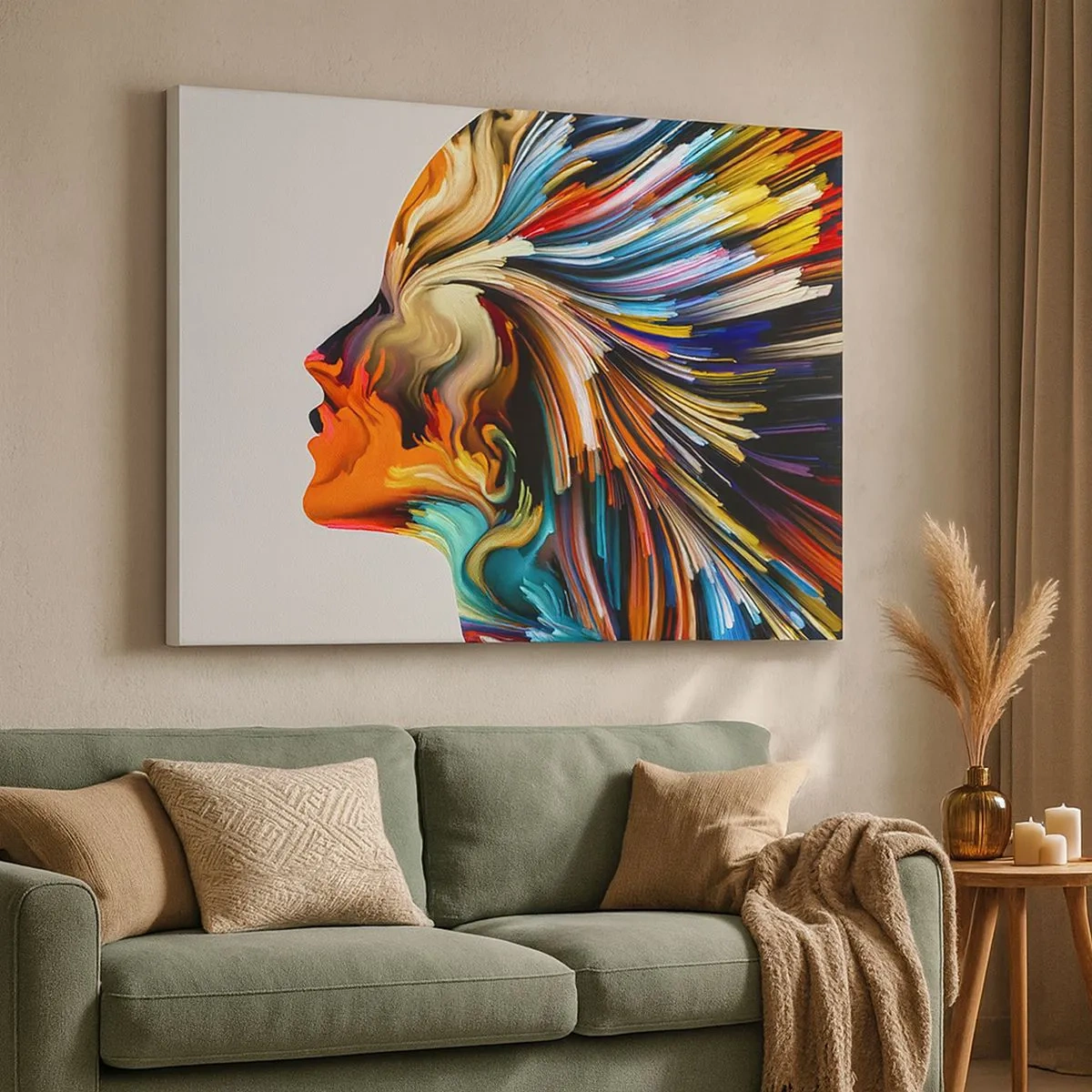 Lærredstryk - Billede på lærred - Abstrakt ansigtsprofil med farverige dynamiske linjer. - 70x50cm - En eksplosion af fantasi - Moderne vægdekoration til stue og soveværelse ARTTOR