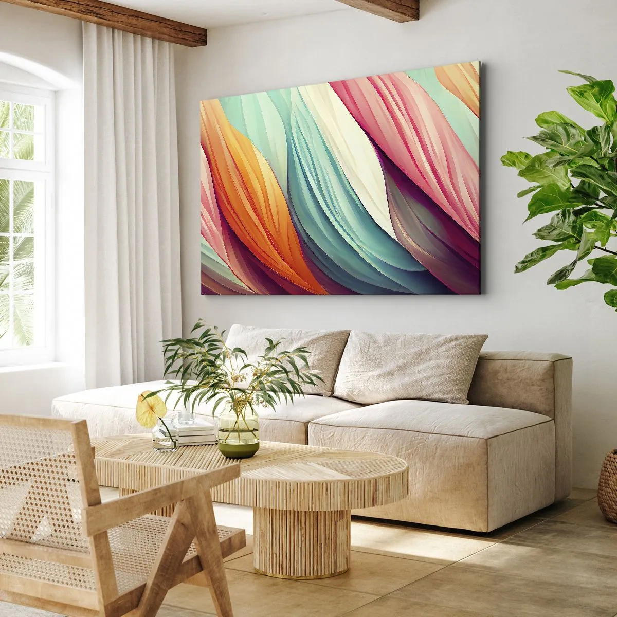 Lærredstryk - Billede på lærred - Abstrakte linjer i pastelfarver og livlige farver - 70x50cm - Regnbuevævning - Moderne vægdekoration til stue og soveværelse ARTTOR