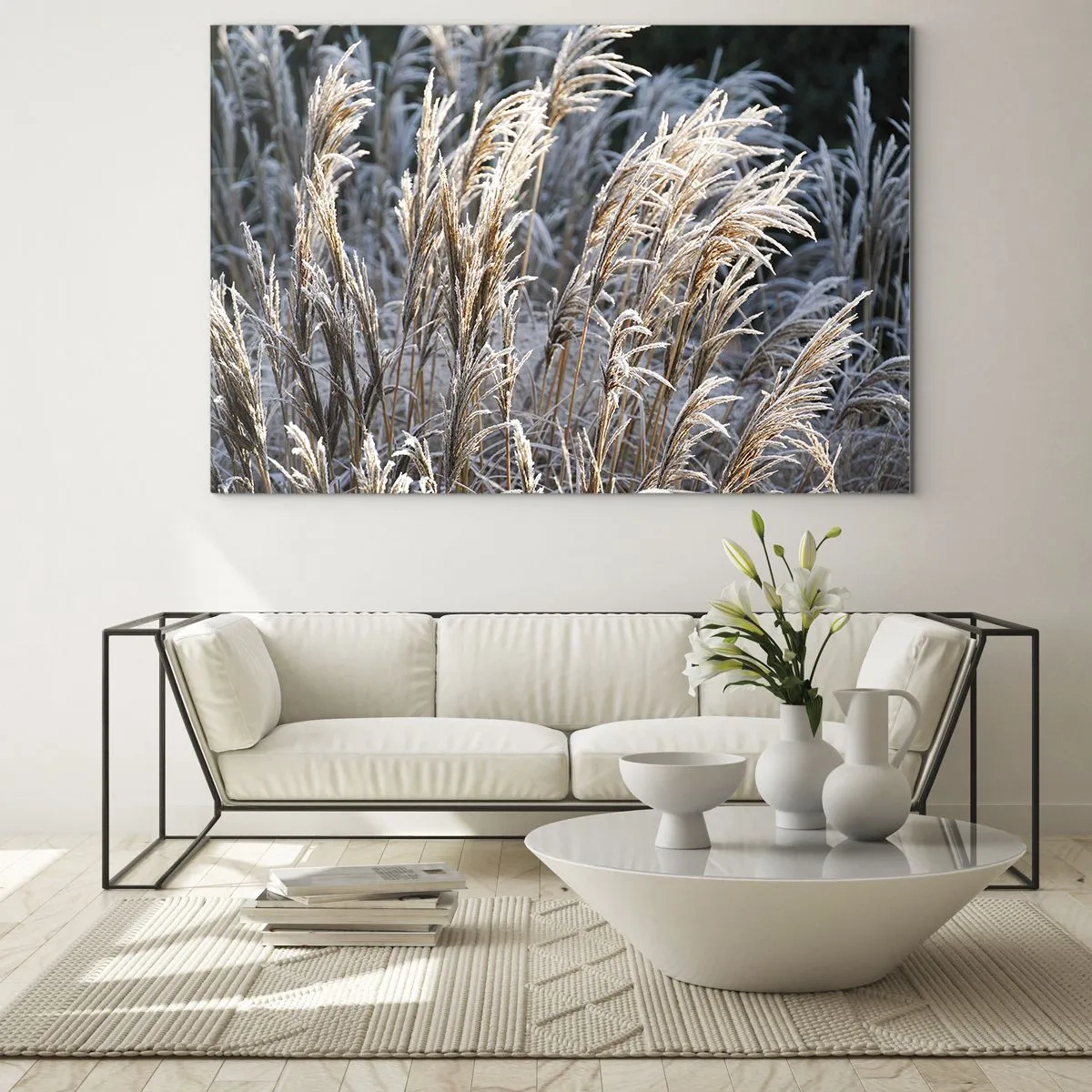 Billede på glas - Frosne græsser i vintersolen - 70x50cm - Pyntet med frost - Moderne vægdekoration til stue og soveværelse ARTTOR