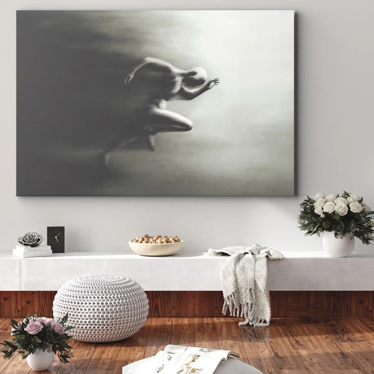Lærredstryk - Billede på lærred - En sort-hvid silhuet af en løbende figur i en dynamisk og surrealistisk stil. - 70x50cm - Ustoppelig - Moderne vægdekoration til stue og soveværelse ARTTOR