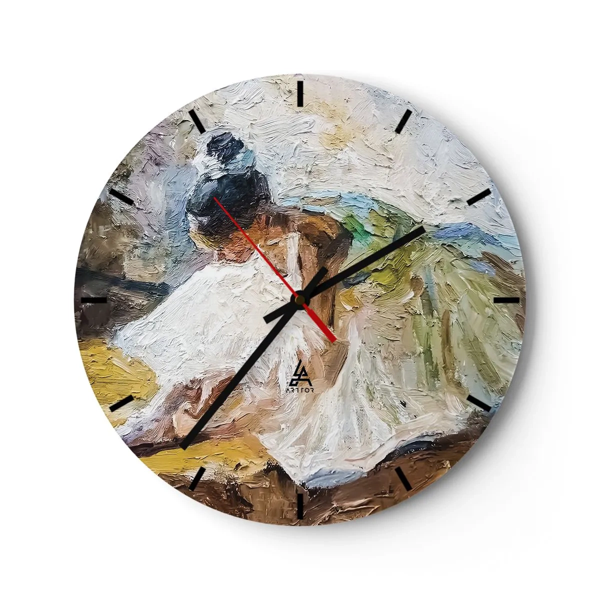 Vægur, Uret - En balletdanser i en hvid kjole afbildet i impressionistisk stil. - 30x30cm - Fra et maleri af Degas - Moderne vægdekoration til stue, køkken og soveværelse ARTTOR