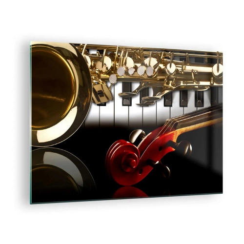 Billede på glas - Saxofon, keyboard og bue i en kunstnerisk komposition - 70x50cm - Metalplader, træ og elfenben - Moderne vægdekoration til stue og soveværelse ARTTOR