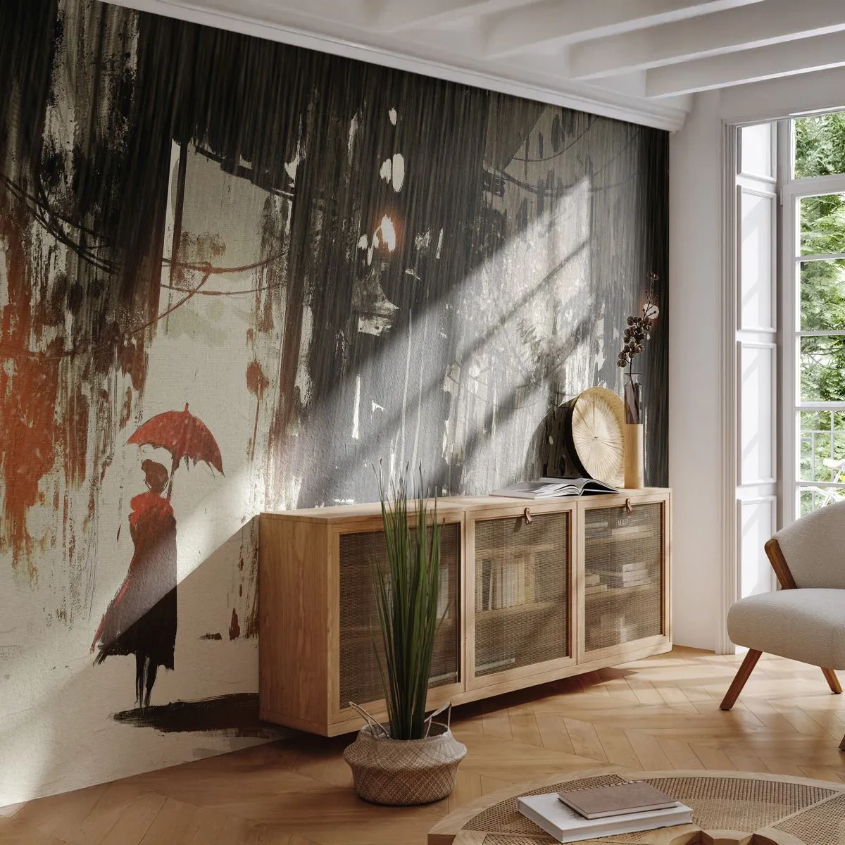Fototapet på mål Standard Eco - Den røde paraplys poesi - By, Kvinde, Arkitektur