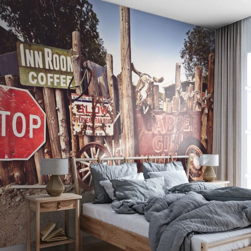 Fototapet Premium Canvas - Og tiden er stoppet - Vejskilt, Rute 66, USA - 400x280 cm