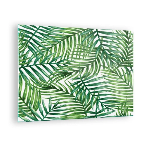 Billede på glas - Grønne palmeblade på en hvid baggrund skaber et geometrisk mønster - 70x50cm - Under det grønne baldakin - Moderne vægdekoration til stue og soveværelse ARTTOR