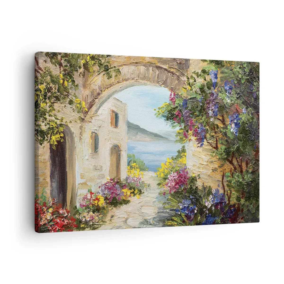Lærredstryk - Billede på lærred - Kystlandskab med stenbygninger og blomster - 70x50cm - Charmen af kystlandskabet - Moderne vægdekoration til stue og soveværelse ARTTOR