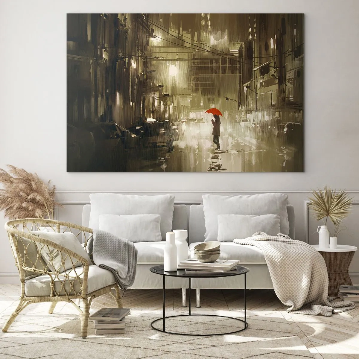 Billede på glas - Person med rød paraply i regnfuldt bylys om natten - 70x50cm - Alene, men ikke ensom - Moderne vægdekoration til stue og soveværelse ARTTOR