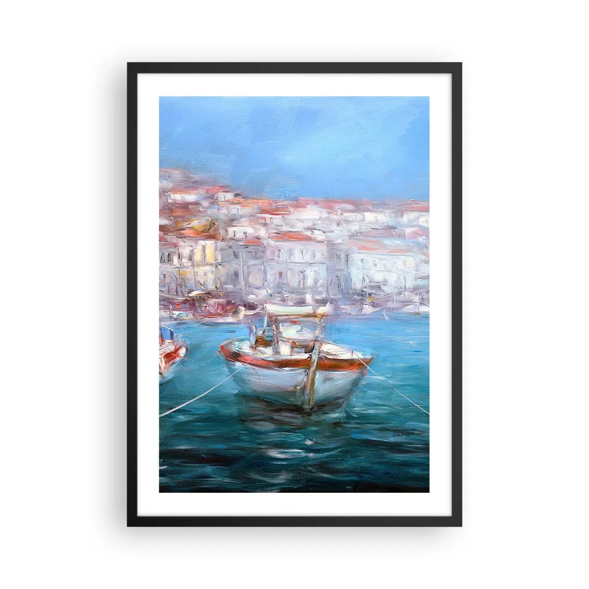 Plakat i sort ramme - En båd i havnen med udsigt over byen - 50x70cm - Italiensk bugt - Moderne vægdekoration til stue og soveværelse ARTTOR
