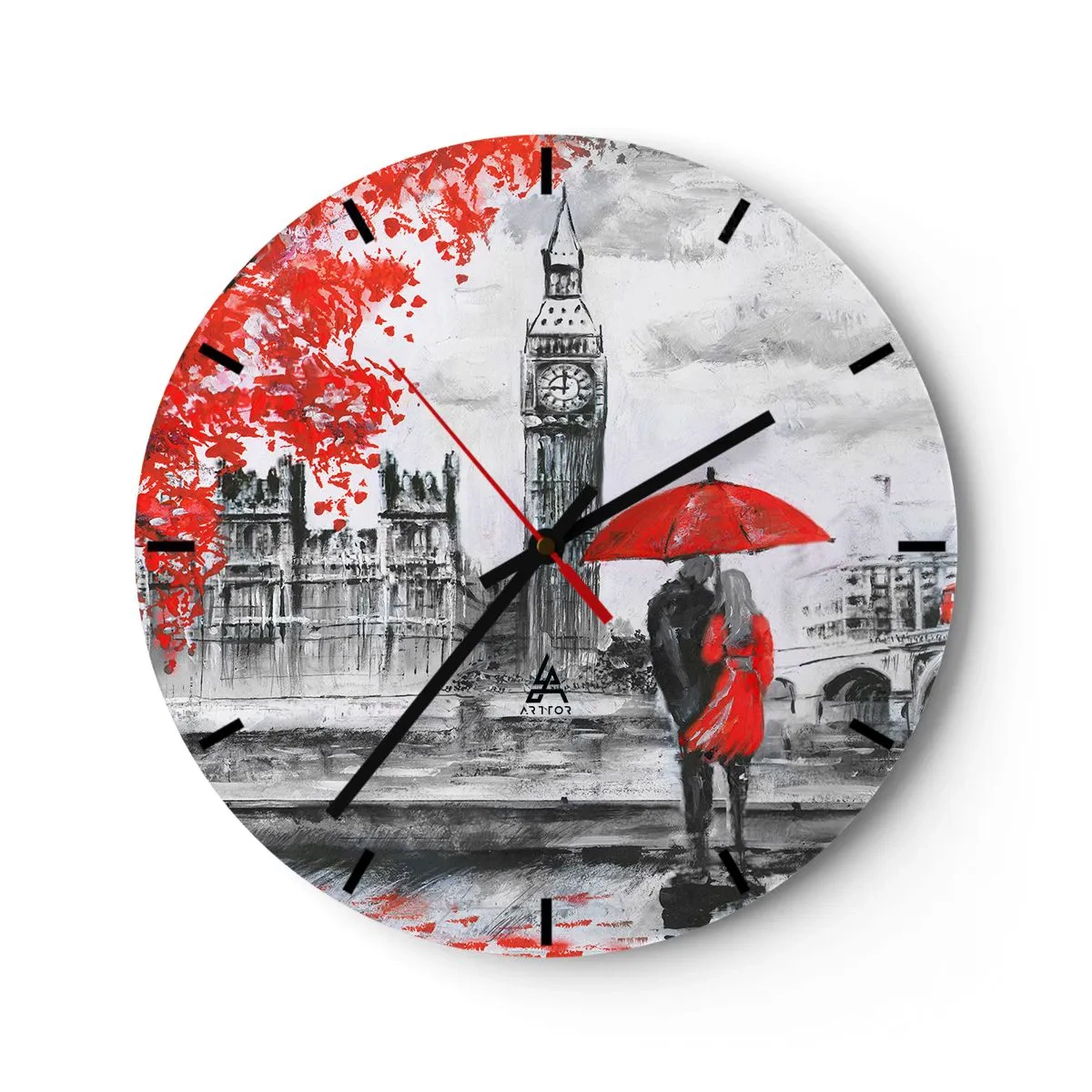 Vægur, Uret - Et par under en rød paraply med Big Ben og Parlamentet i baggrunden. - 30x30cm - Forelsket i London - Moderne vægdekoration til stue, køkken og soveværelse ARTTOR