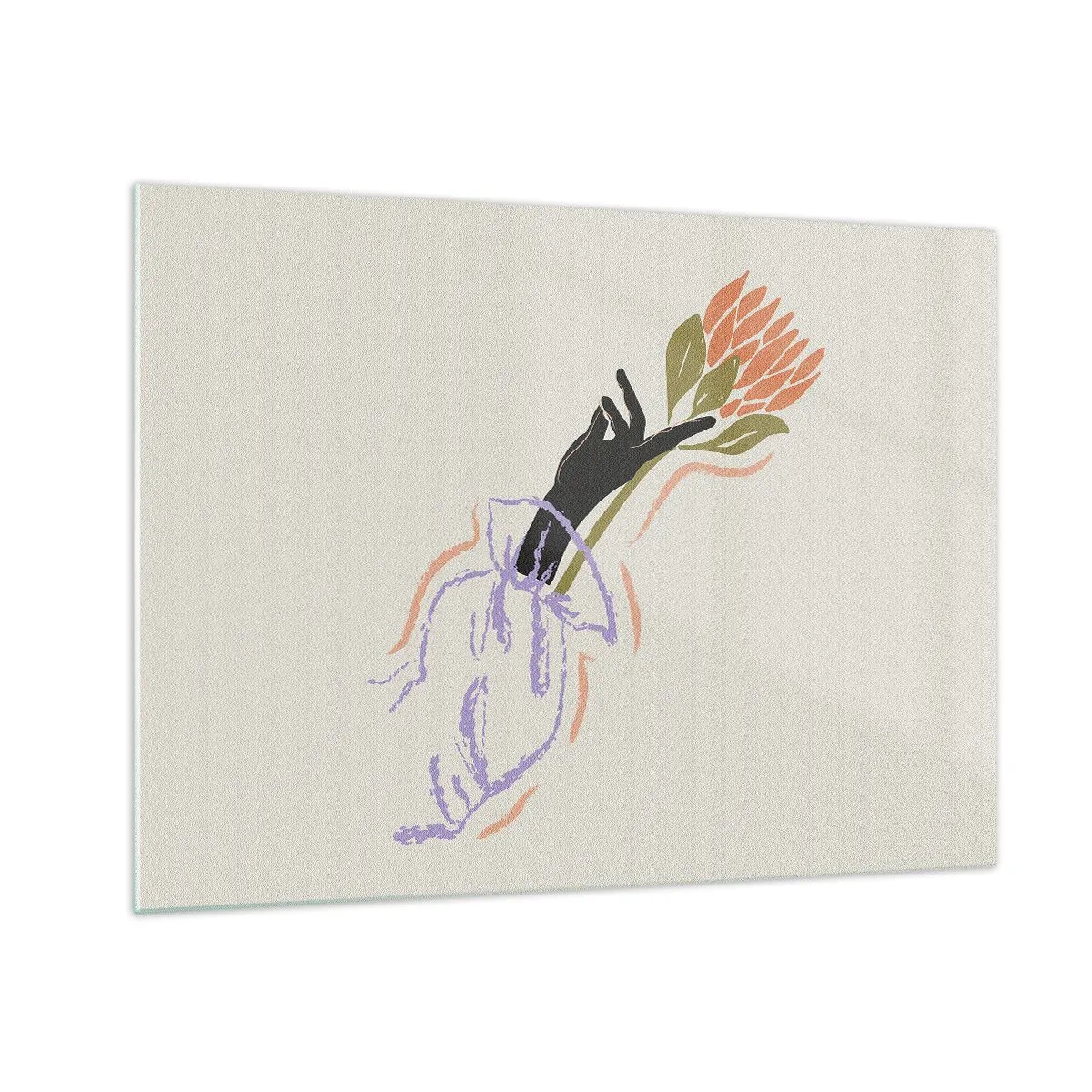 Billede på glas - En stiliseret hånd med en blomsterbuket tegnet med pastelfarvede linjer. - 70x50cm - En søsterlig berøring - Moderne vægdekoration til stue og soveværelse ARTTOR