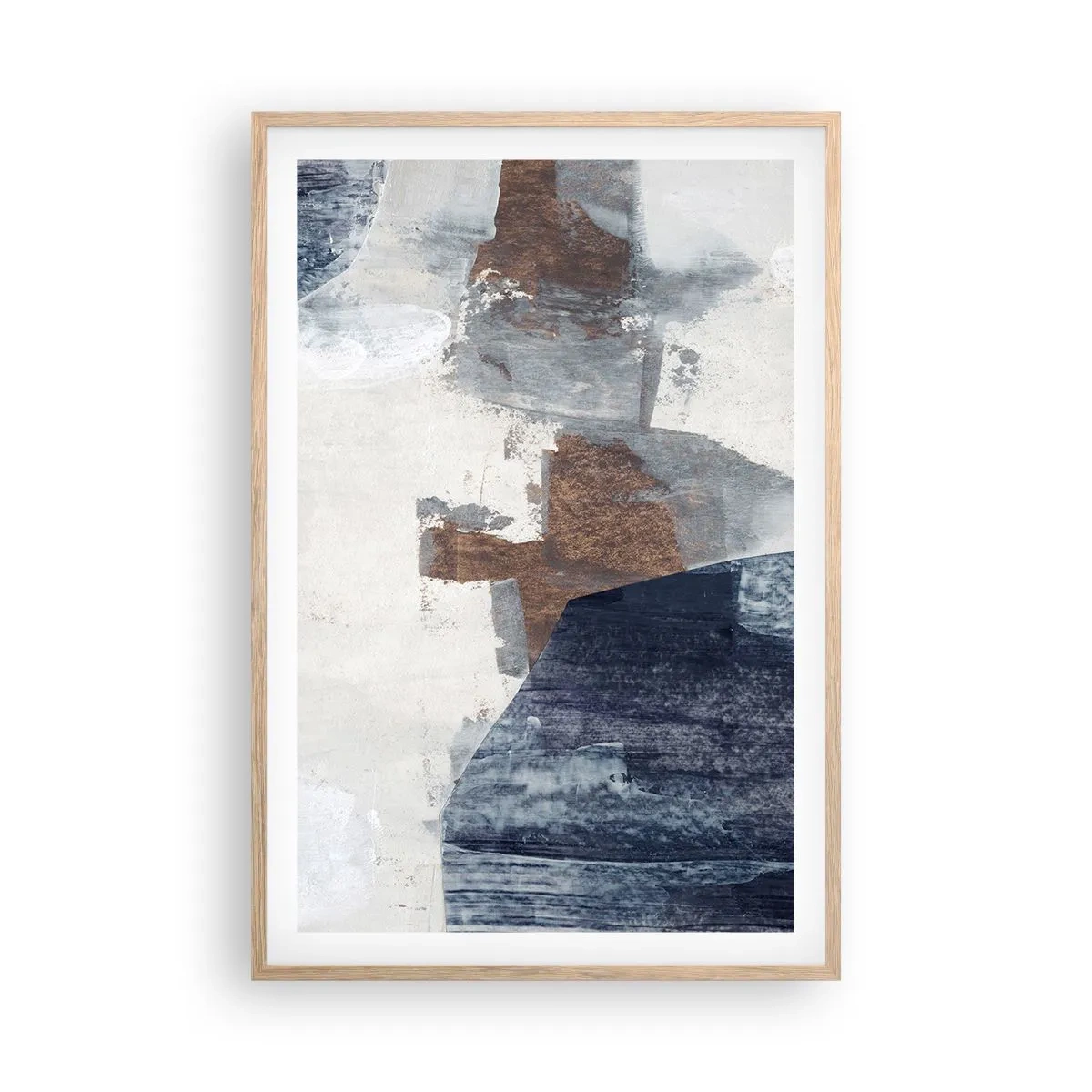 Plakat i ramme af lyst egetræ - Blåbrune former - 61x91 cm