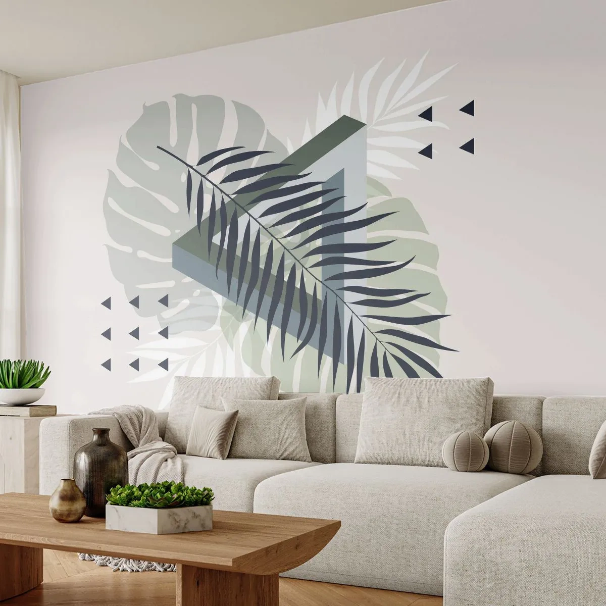 Fototapet Premium Sand - Natur og geometri - to ordener? - Monstera Leaf, Palmeblad, Grafik - 100x70 cm