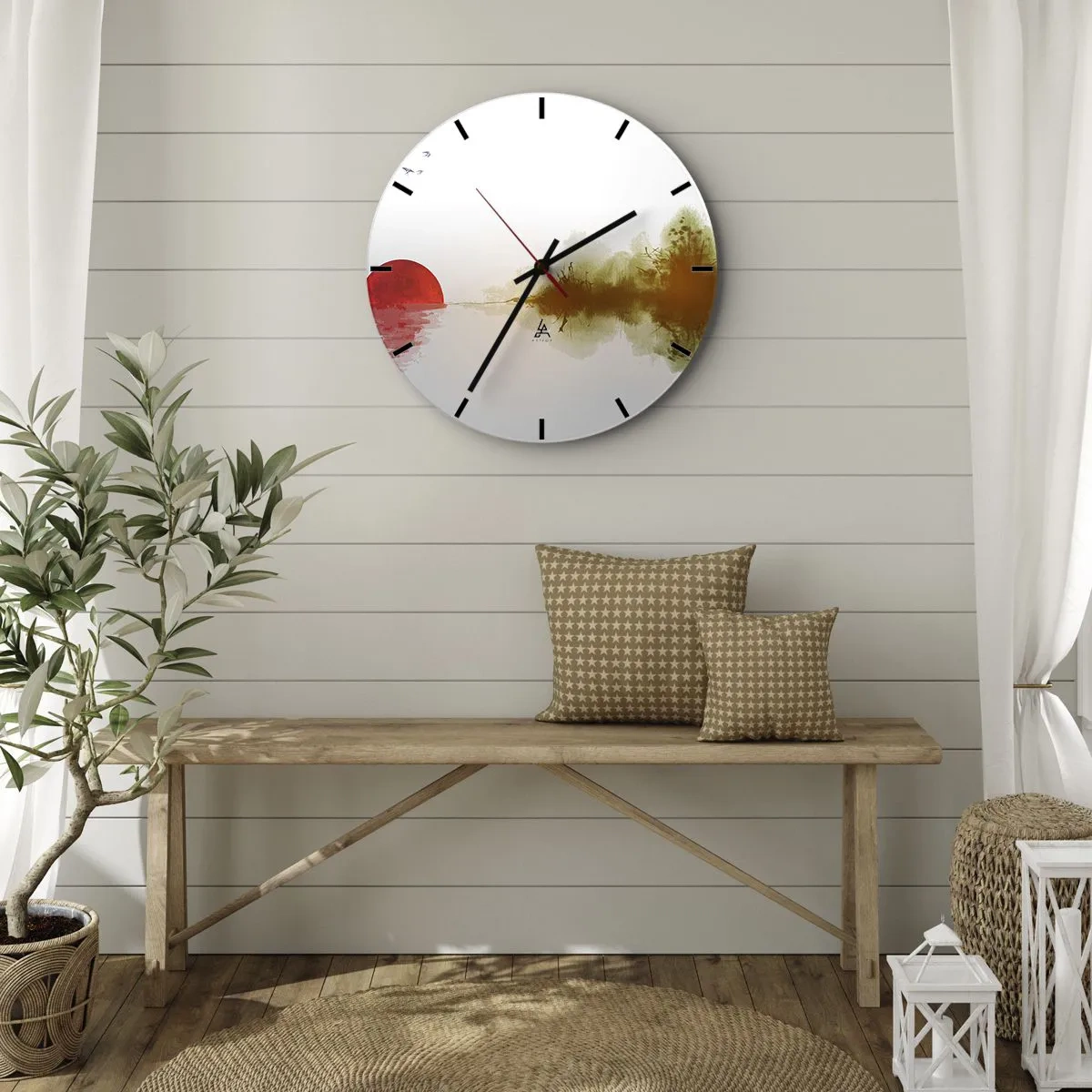 Vægur, Uret - Et minimalistisk landskab med en rød sol og refleksion - 30x30cm - Et løfte om fred - Moderne vægdekoration til stue, køkken og soveværelse ARTTOR
