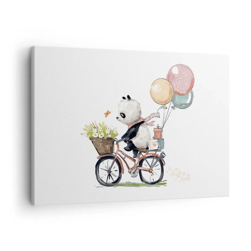 Lærredstryk - Billede på lærred - Panda på cykel med balloner og blomster - 70x50cm - Glædelig dag - Moderne vægdekoration til stue og soveværelse ARTTOR