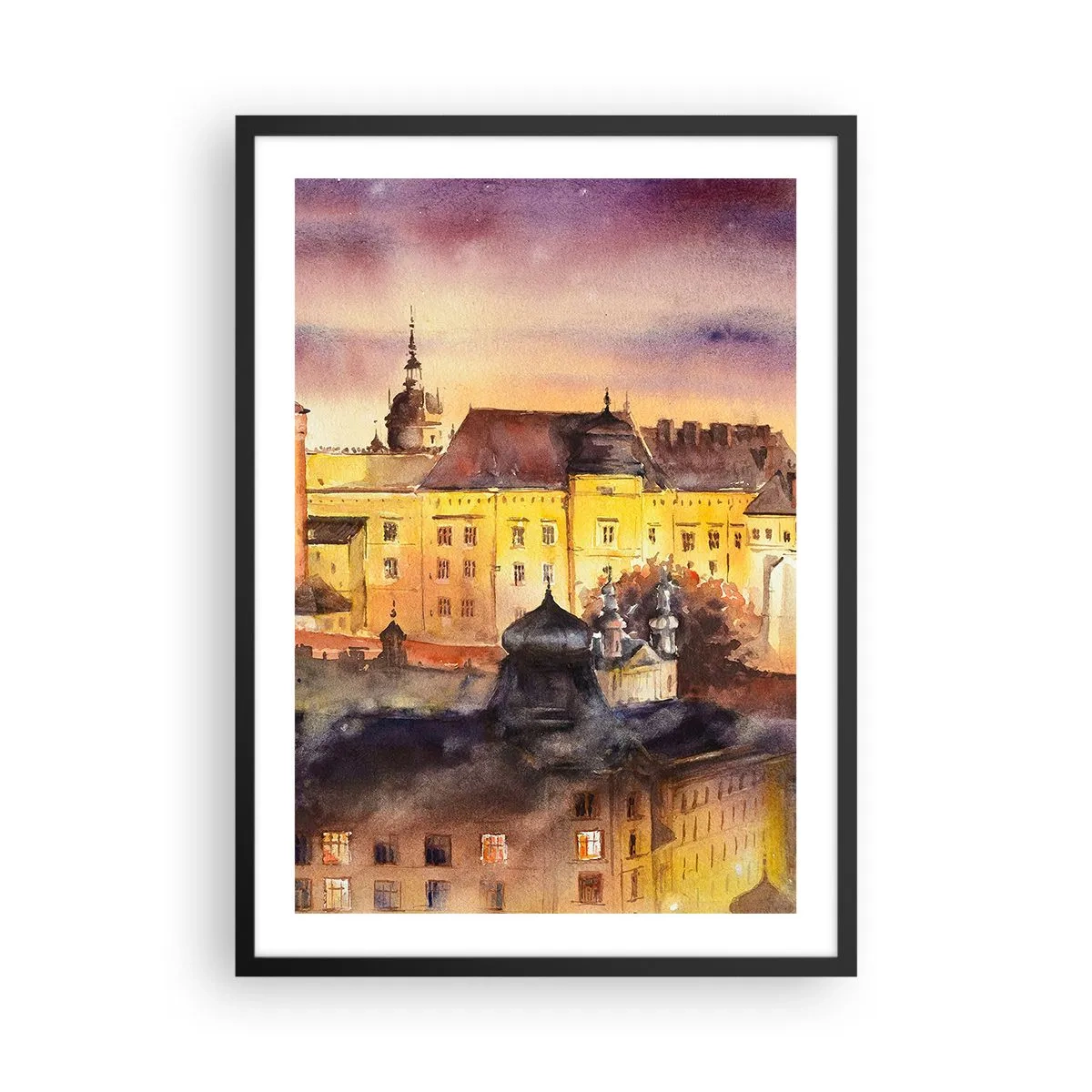 Plakat i sort ramme - En malerisk udsigt over byen i lyset af den nedgående sol - 50x70cm - En historie og en fortælling - Moderne vægdekoration til stue og soveværelse ARTTOR