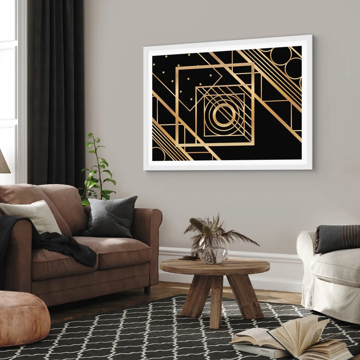 Plakat i hvid ramme - Gylden geometri - 91x61 cm