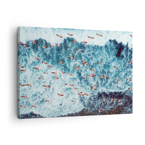 Lærredstryk - Billede på lærred - Et fugleperspektiv af lyserøde flamingoer over et blåt hav - 70x50cm - Parade ved havet - Moderne vægdekoration til stue og soveværelse ARTTOR