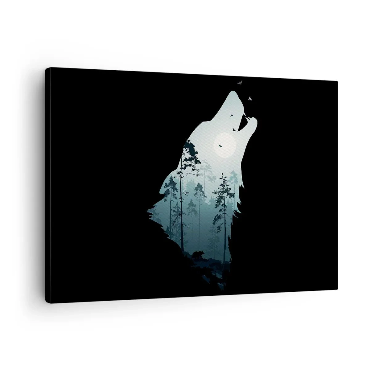 Lærredstryk - Billede på lærred - Silhuet af en ulv med en skov og måne i baggrunden - 70x50cm - Skovnattens stemme - Moderne vægdekoration til stue og soveværelse ARTTOR