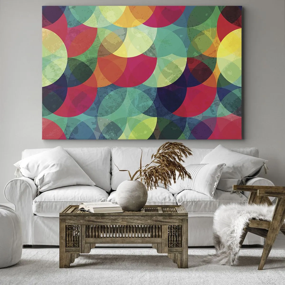Lærredstryk - Billede på lærred - Farverige geometriske mønstre bestående af cirkler og halvcirkler - 70x50cm - Ind i regnbuens opstigning - Moderne vægdekoration til stue og soveværelse ARTTOR