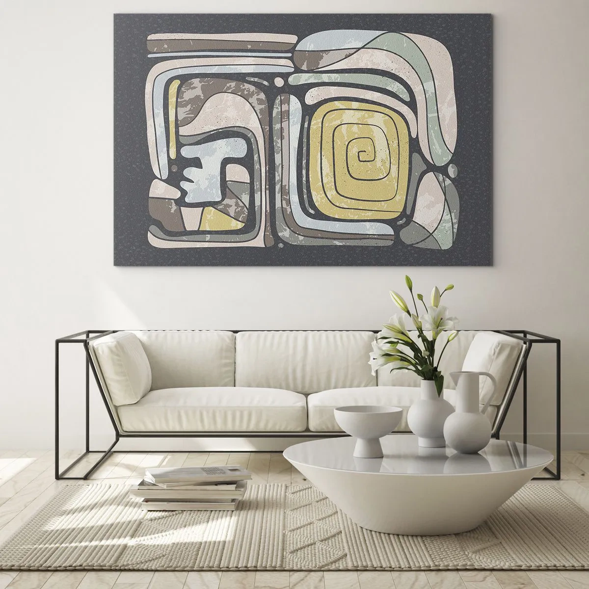 Billede på glas - Geometrisk abstraktion i jordfarver på en sort baggrund - 70x50cm - Abstraktion i en præcolumbiansk ånd - Moderne vægdekoration til stue og soveværelse ARTTOR