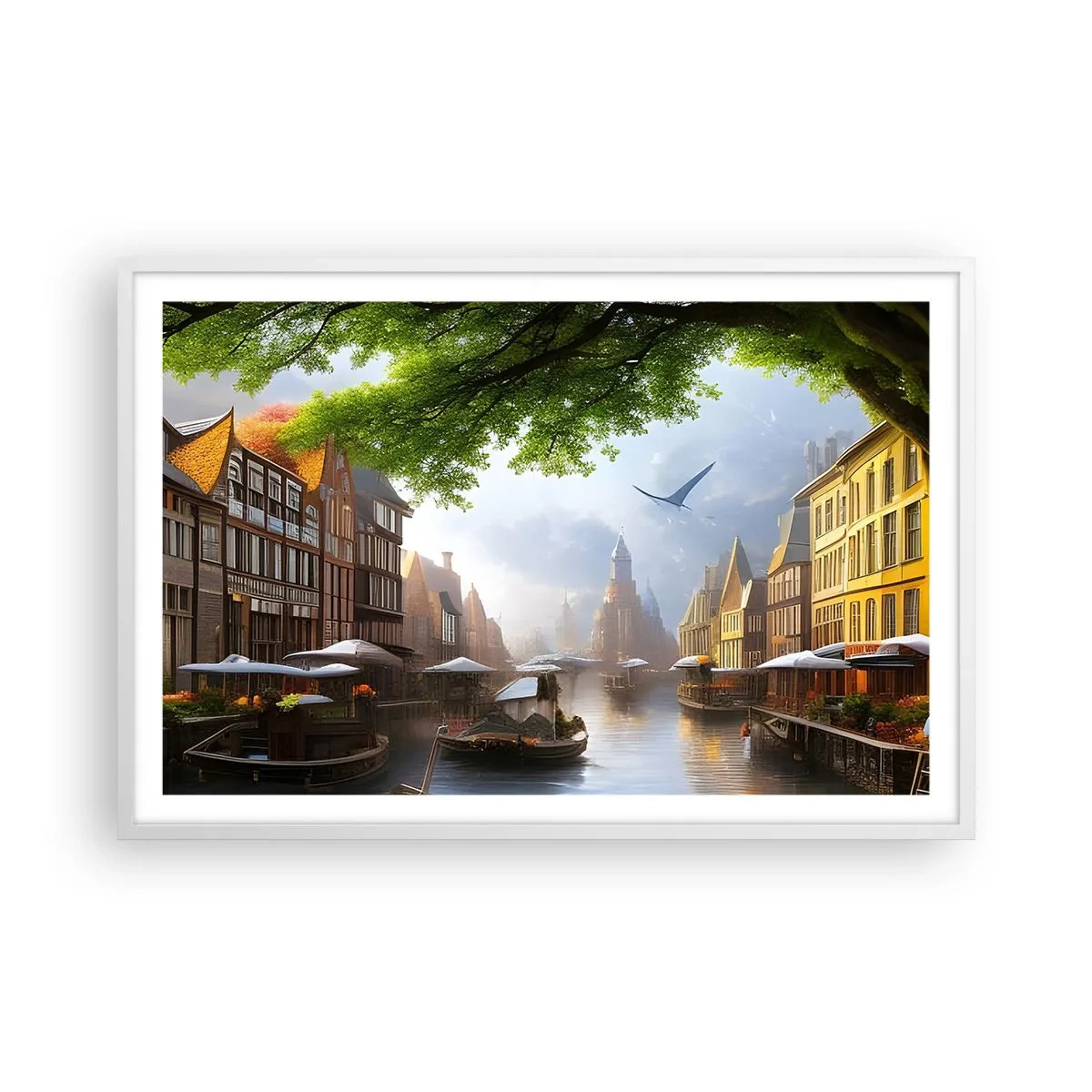 Plakat i hvid ramme - Hollandsk bybillede - 91x61 cm