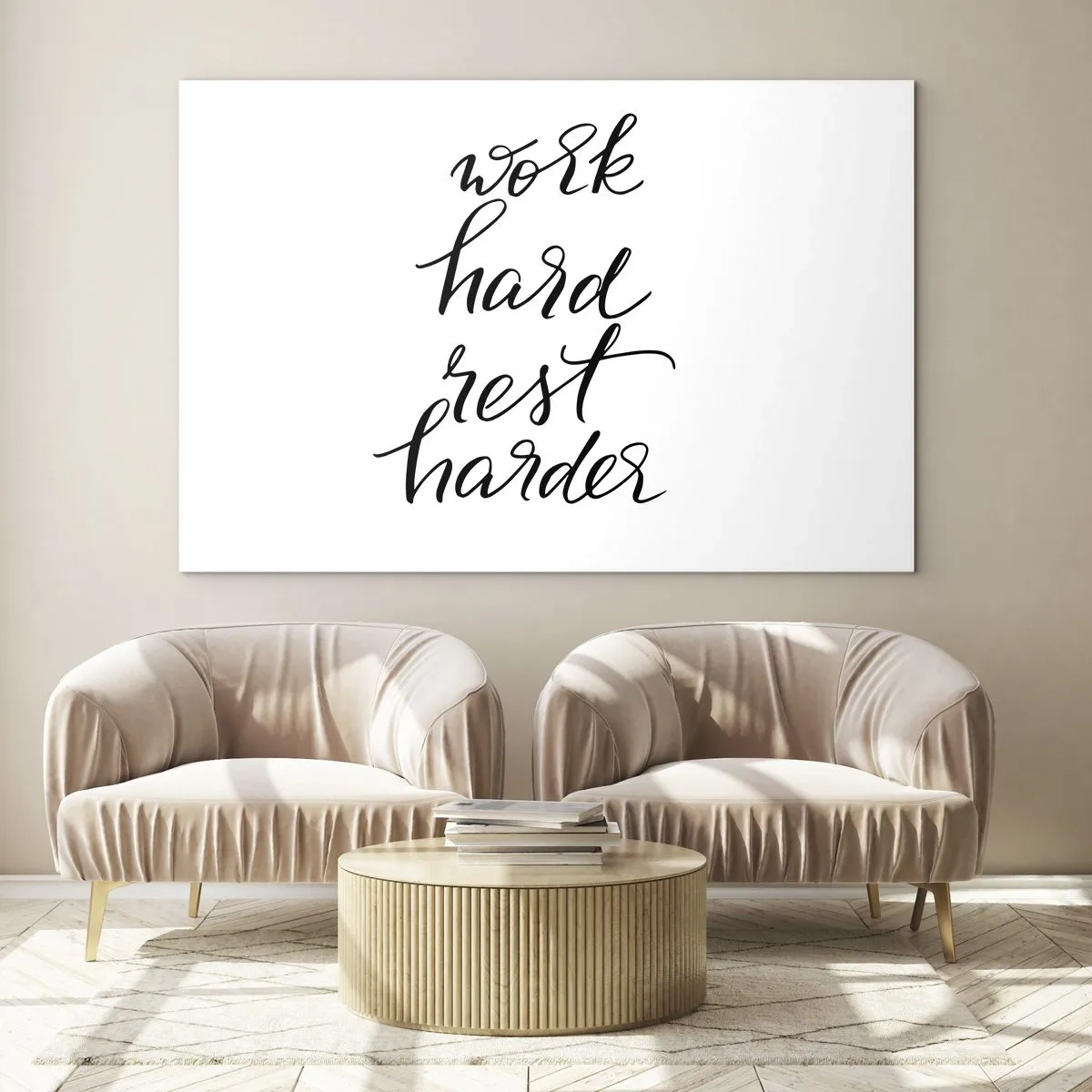 Billede på glas - Typografisk indskrift 'arbejd hårdt, hvil hårdere' i en elegant skrifttype - 70x50cm - Balance i livet - Moderne vægdekoration til stue og soveværelse ARTTOR