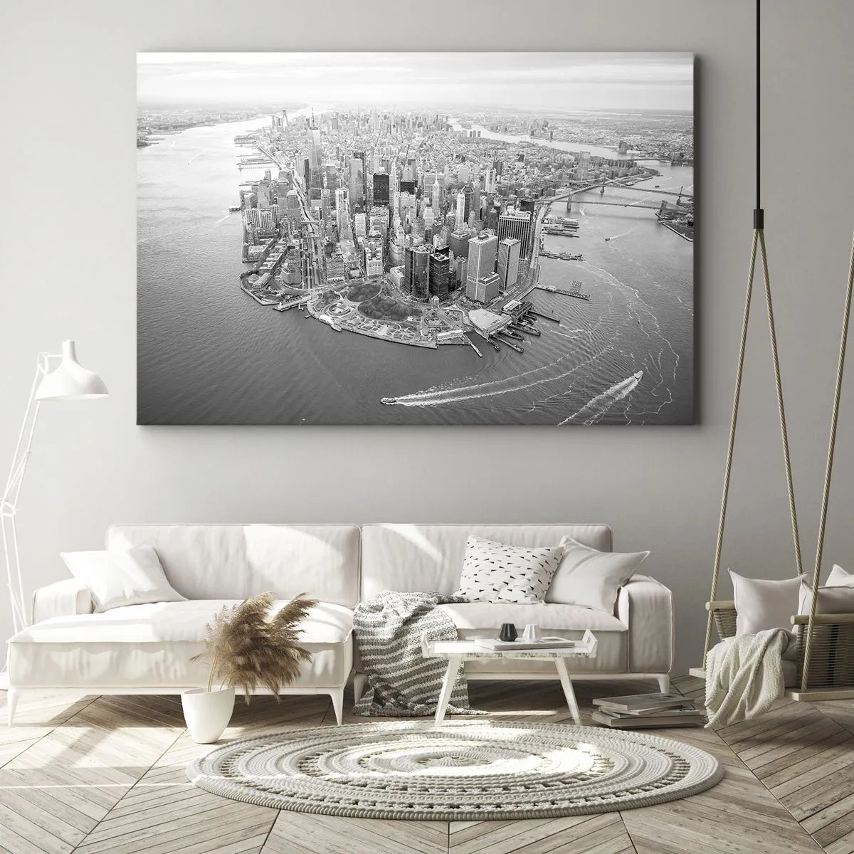 Lærredstryk - Billede på lærred - Luftfoto af Manhattan i sort-hvid - 70x50cm - Hvordan kan man ikke elske? - Moderne vægdekoration til stue og soveværelse ARTTOR
