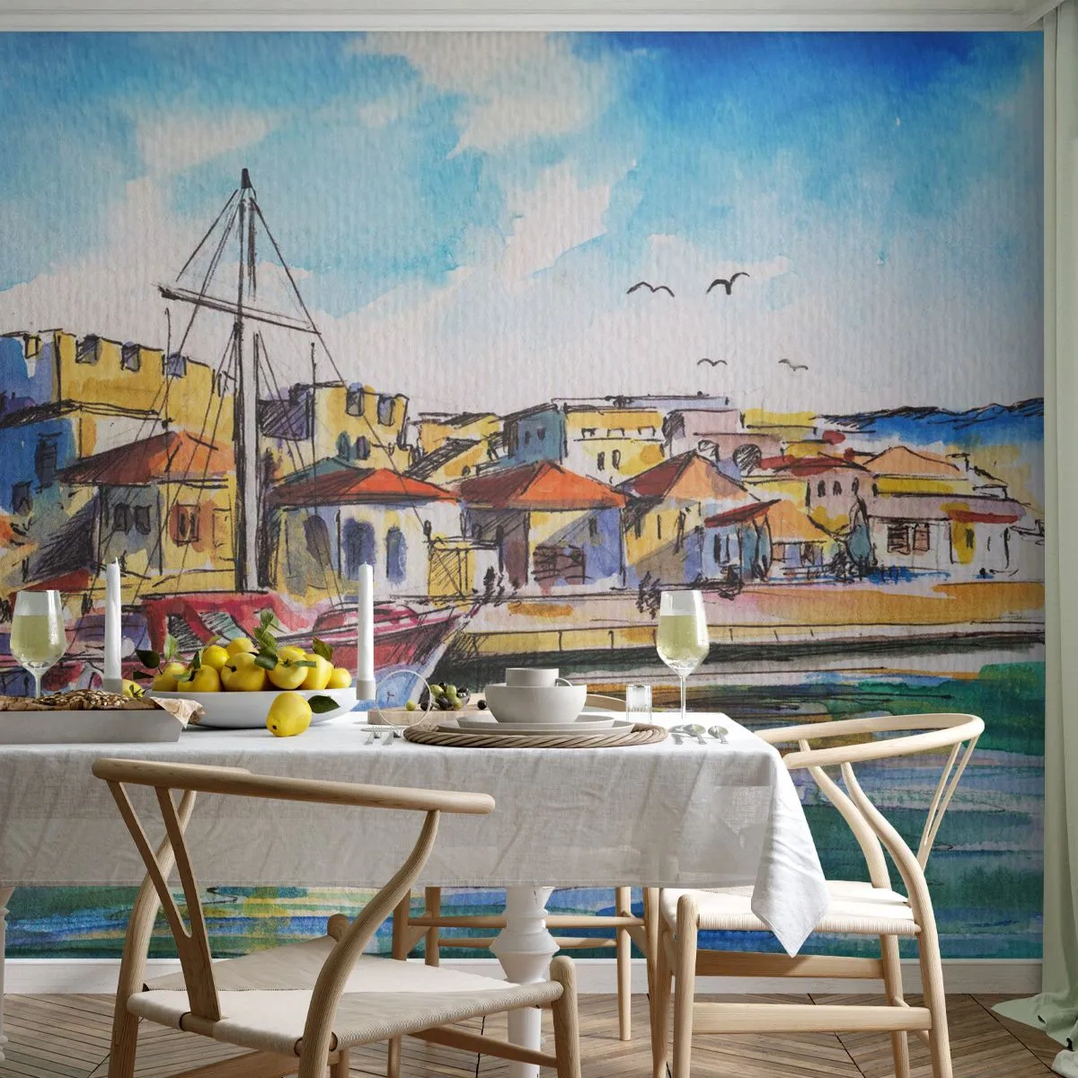 Fototapet Premium Sand - Regnbue eftermiddag - Havn, Yacht, Ved havet - 100x70 cm