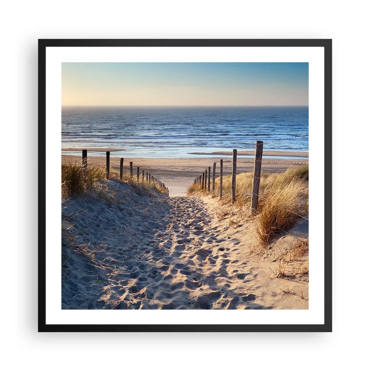 Plakat i sort ramme - Havet brummer, fuglene synger, en vild strand midt i græsset.... - 60x60 cm