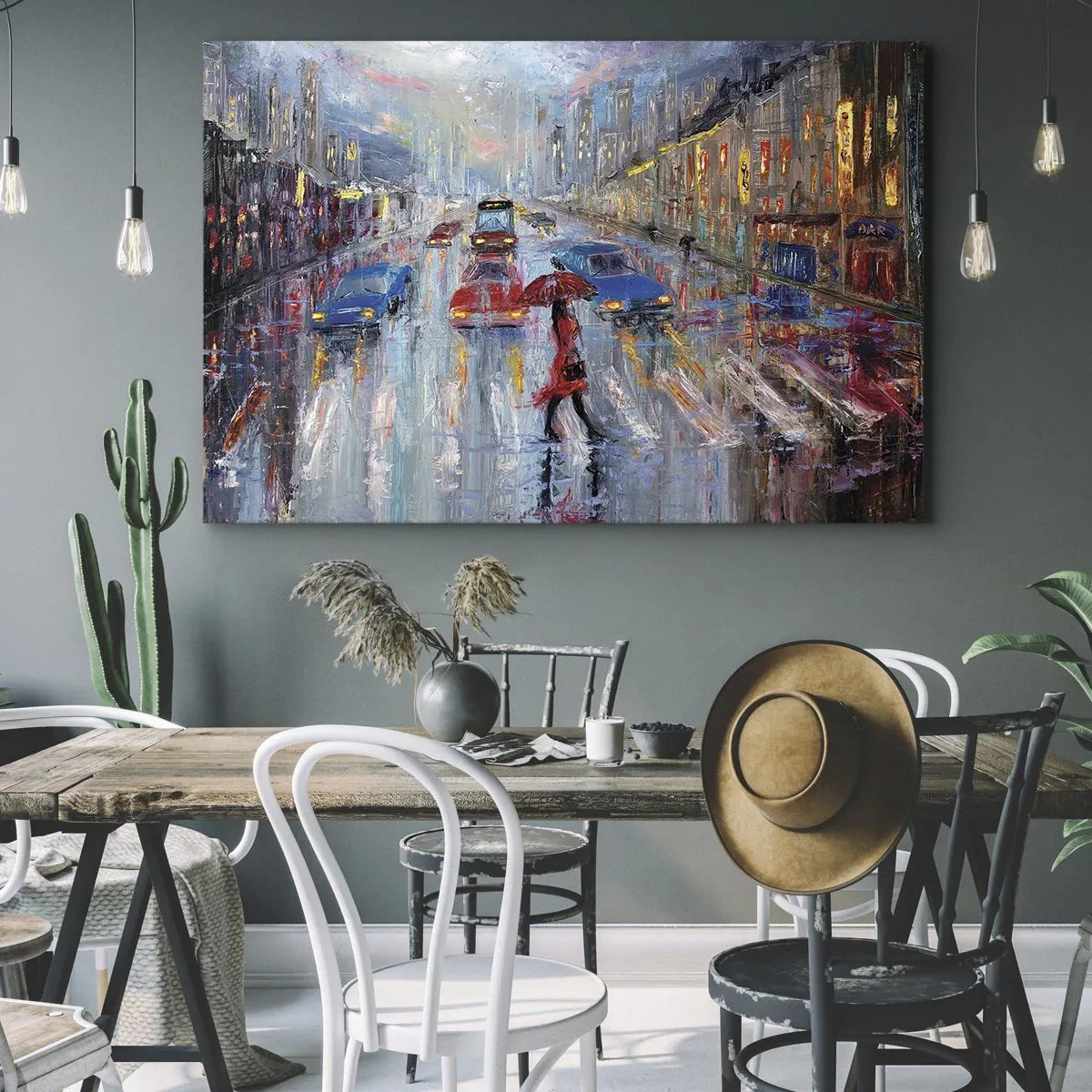 Lærredstryk - Billede på lærred - En kvinde med en paraply på en regnfuld gade i neonlyset. - 70x50cm - Regnfuld eftermiddag i byen - Moderne vægdekoration til stue og soveværelse ARTTOR