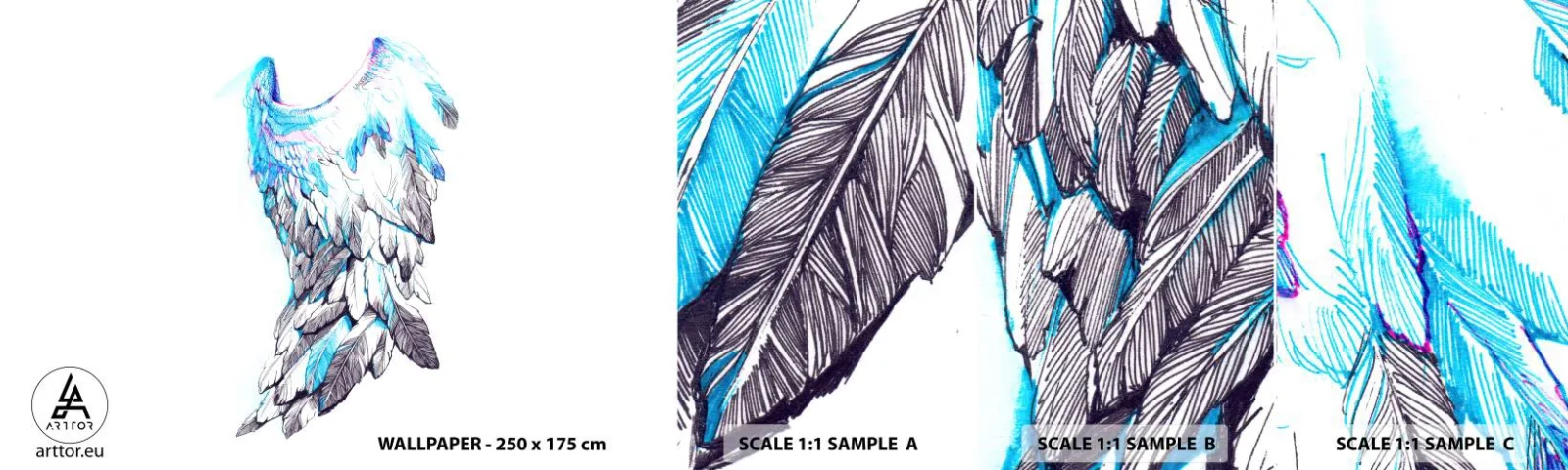 Fototapet Prøve Standard Eco - Jeg har brug for vinger - Abstraktion, Fuglevinge, Fuglefjer - 100x30 cm