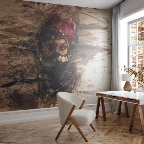 Fototapet Premium Sand - Foruroligende for at sige det mildt - Abstraktion, Kvindens ansigt, Orientalske symboler - 400x280 cm