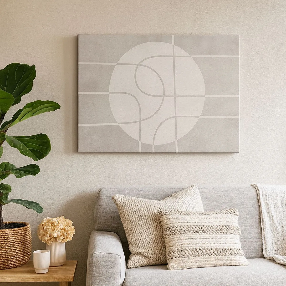 Lærredstryk - Billede på lærred - Geometrisk mønster i nuancer af grå og hvid - 70x50cm - Cirkulær og lige frem - Moderne vægdekoration til stue og soveværelse ARTTOR