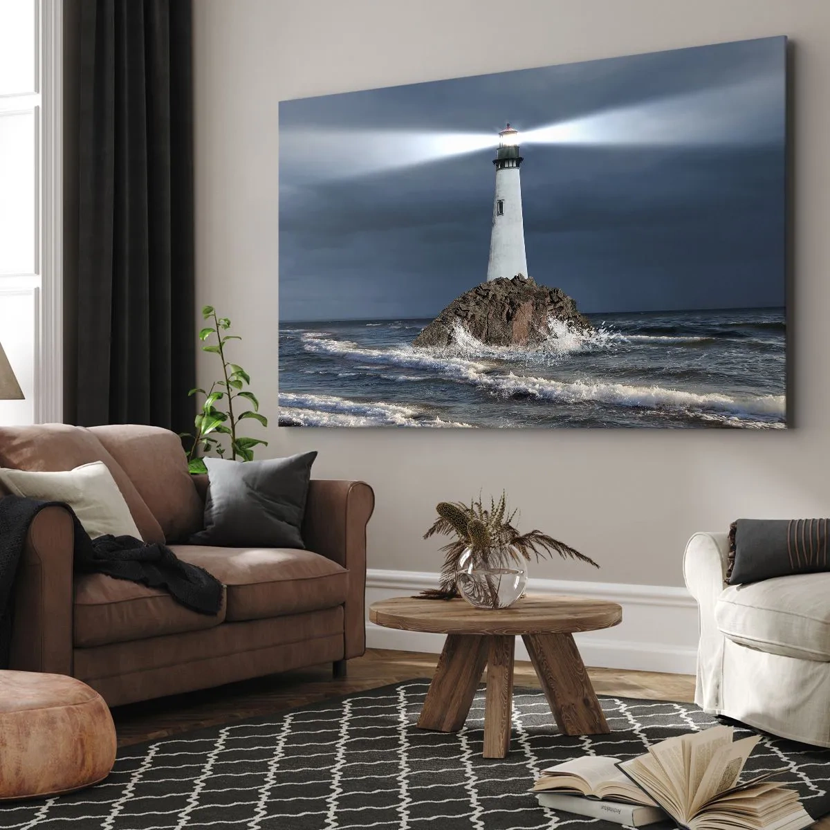 Lærredstryk - Billede på lærred - Et fyrtårn på en klippe omgivet af et stormfuldt hav - 70x50cm - Her...her...her! - Moderne vægdekoration til stue og soveværelse ARTTOR