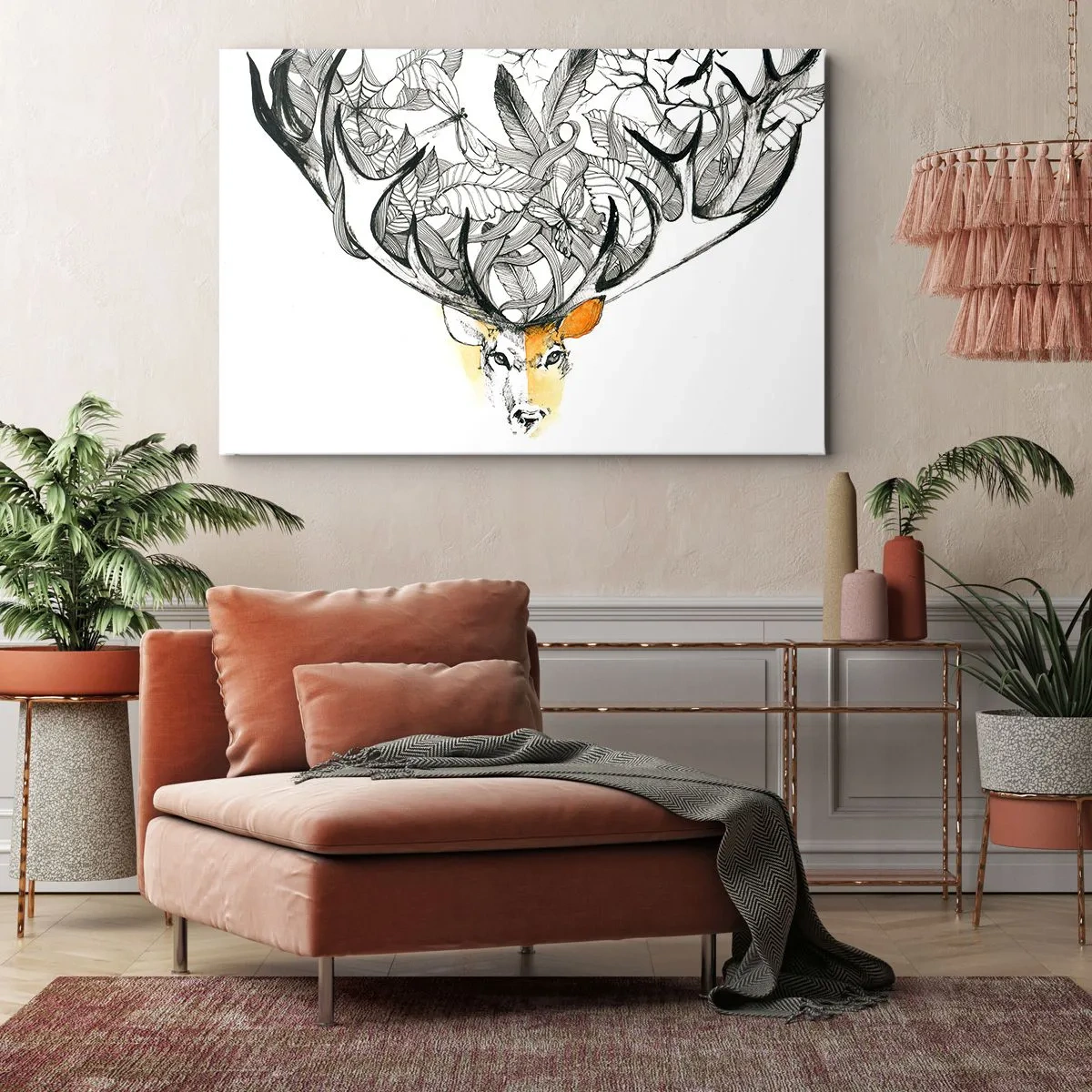 Lærredstryk - Billede på lærred - Diskret hjortegrafik med dekorative gevirer - 70x50cm - Horn af overflod - Moderne vægdekoration til stue og soveværelse ARTTOR