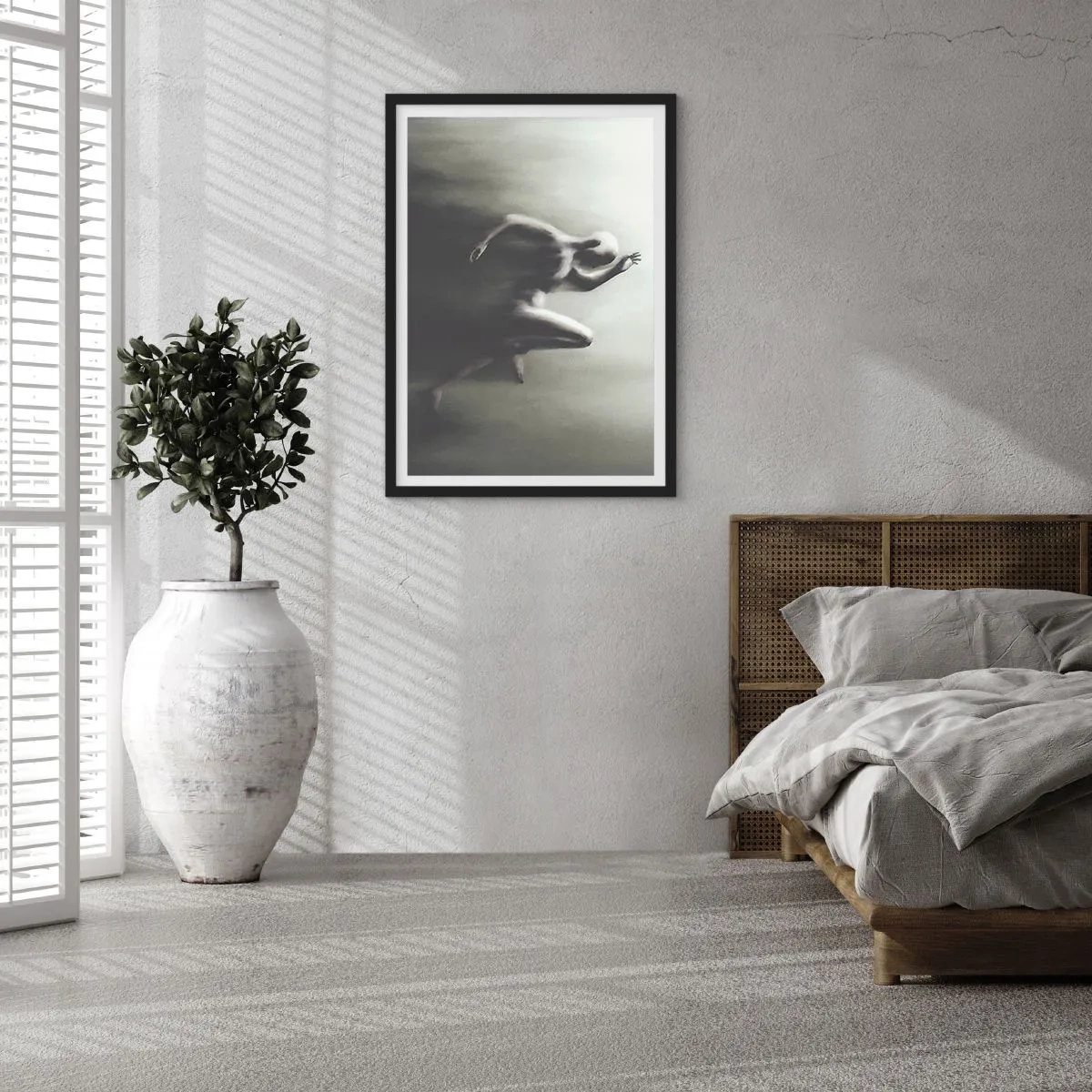 Plakat i sort ramme - En abstrakt figur i bevægelse i monokromatiske toner. - 50x70cm - Ustoppelig - Moderne vægdekoration til stue og soveværelse ARTTOR