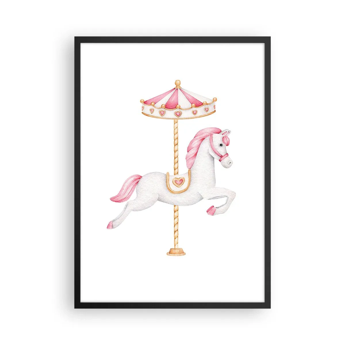 Plakat i sort ramme - En charmerende hvid hest på en karrusel i pastelfarver - 50x70cm - Han satte af sted med en hov - Moderne vægdekoration til stue og soveværelse ARTTOR