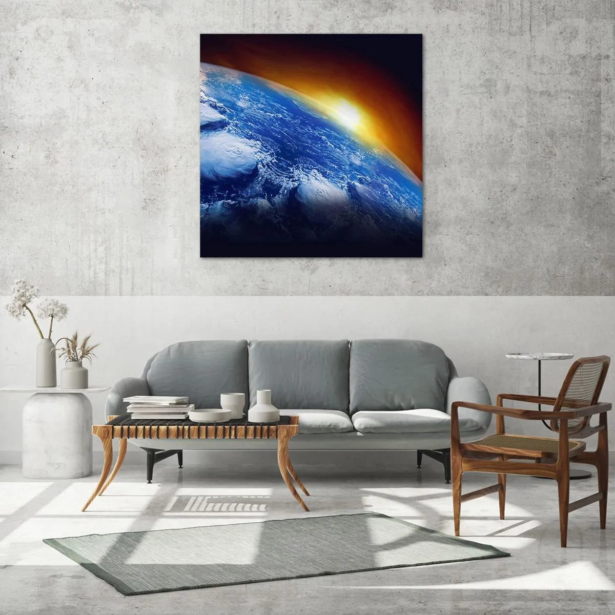 Billede på glas - Solopgang over den blå planet - 60x60 cm