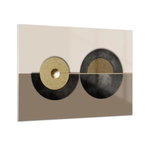 Billede på glas - Geometriske cirkler i guld og sort på en beige baggrund - 70x50cm - Variationer omkring en cirkel - Moderne vægdekoration til stue og soveværelse ARTTOR