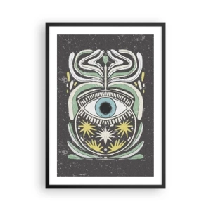 Plakat i sort ramme - Et symbolsk øje omgivet af plantemønstre på en mørk baggrund. - 50x70cm - Stammeritualer - Moderne vægdekoration til stue og soveværelse ARTTOR