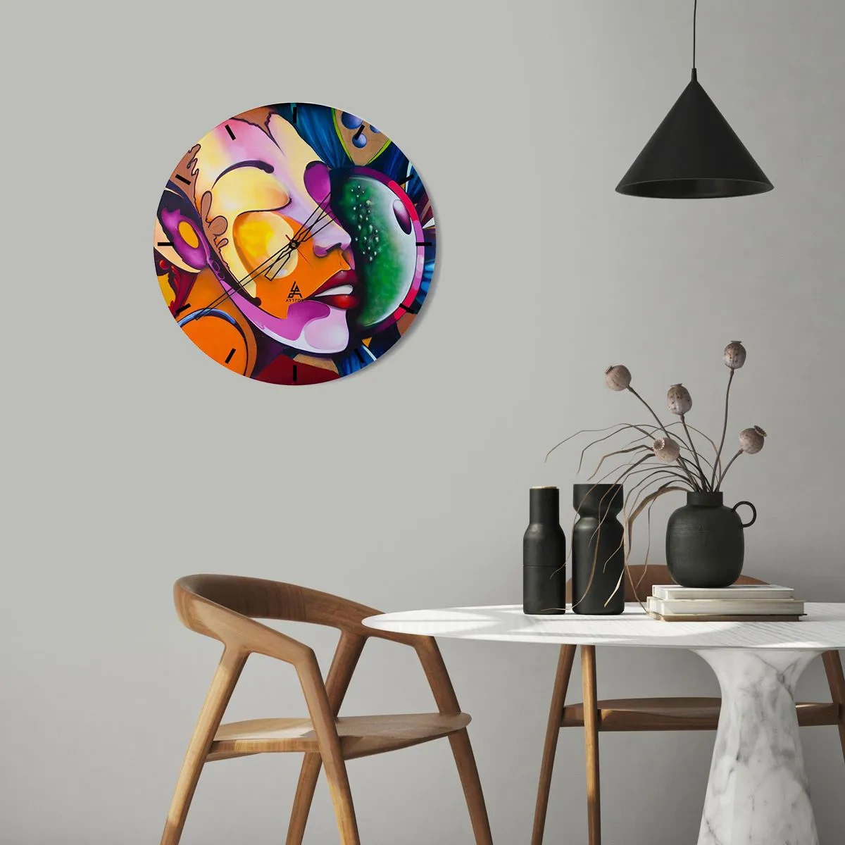Vægur, Uret - Et abstrakt portræt i livlige farver med surrealistiske former. - 30x30cm - Berør med farve - Moderne vægdekoration til stue, køkken og soveværelse ARTTOR